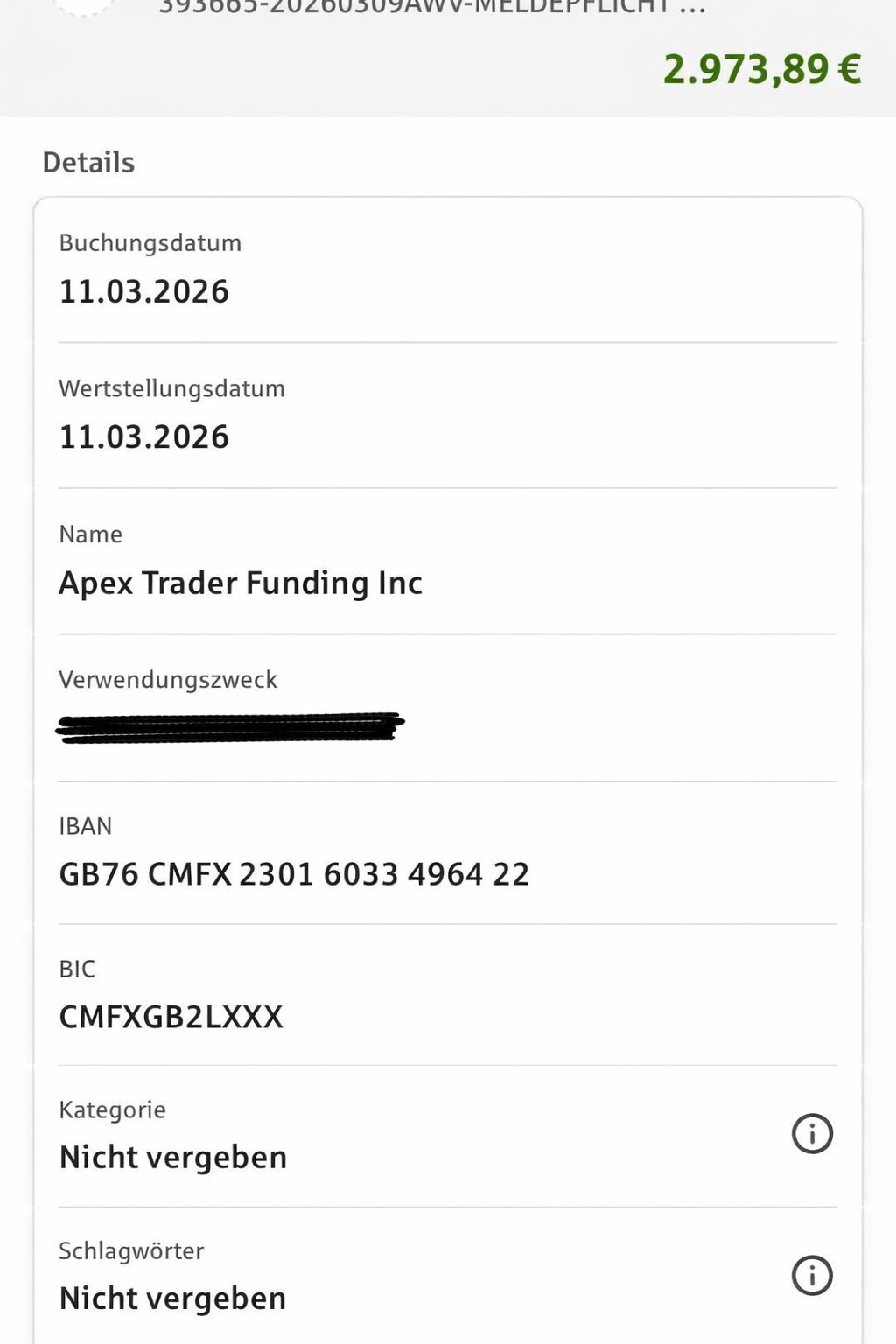 Kontoauszug mit Zahlungseingang von 2973,89 Euro